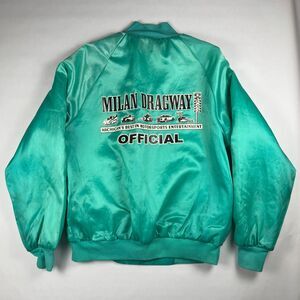 Vintage Official Satin Bomber Jacket Milan Dragway Michigan Turquoise USA Large